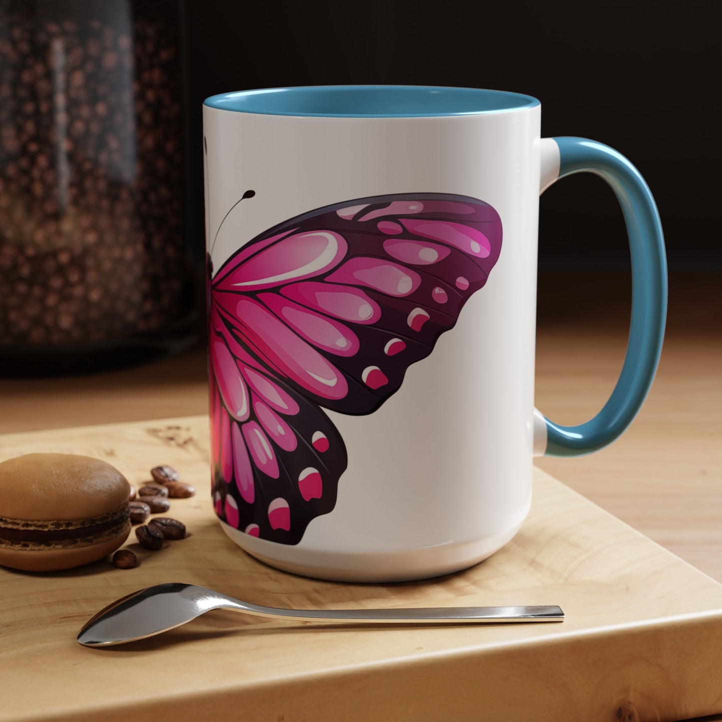 Pink Jewel Butterfly Accent Coffee Mug, 11oz, Emerald Swallowtail re-imagined Beautiful Pink Butterfly Tea Cup or Coffee Mug