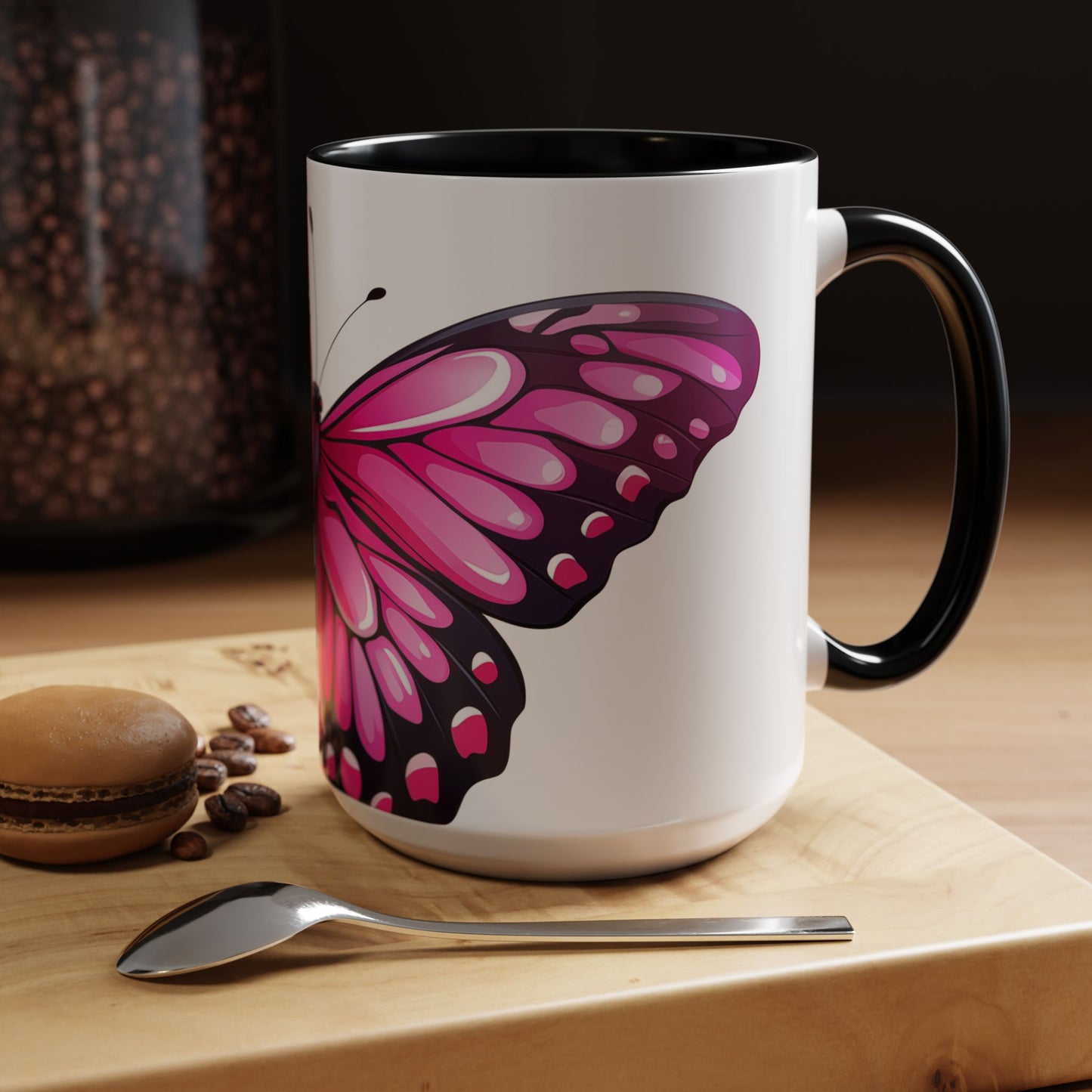 Pink Jewel Butterfly Accent Coffee Mug, 11oz, Emerald Swallowtail re-imagined Beautiful Pink Butterfly Tea Cup or Coffee Mug