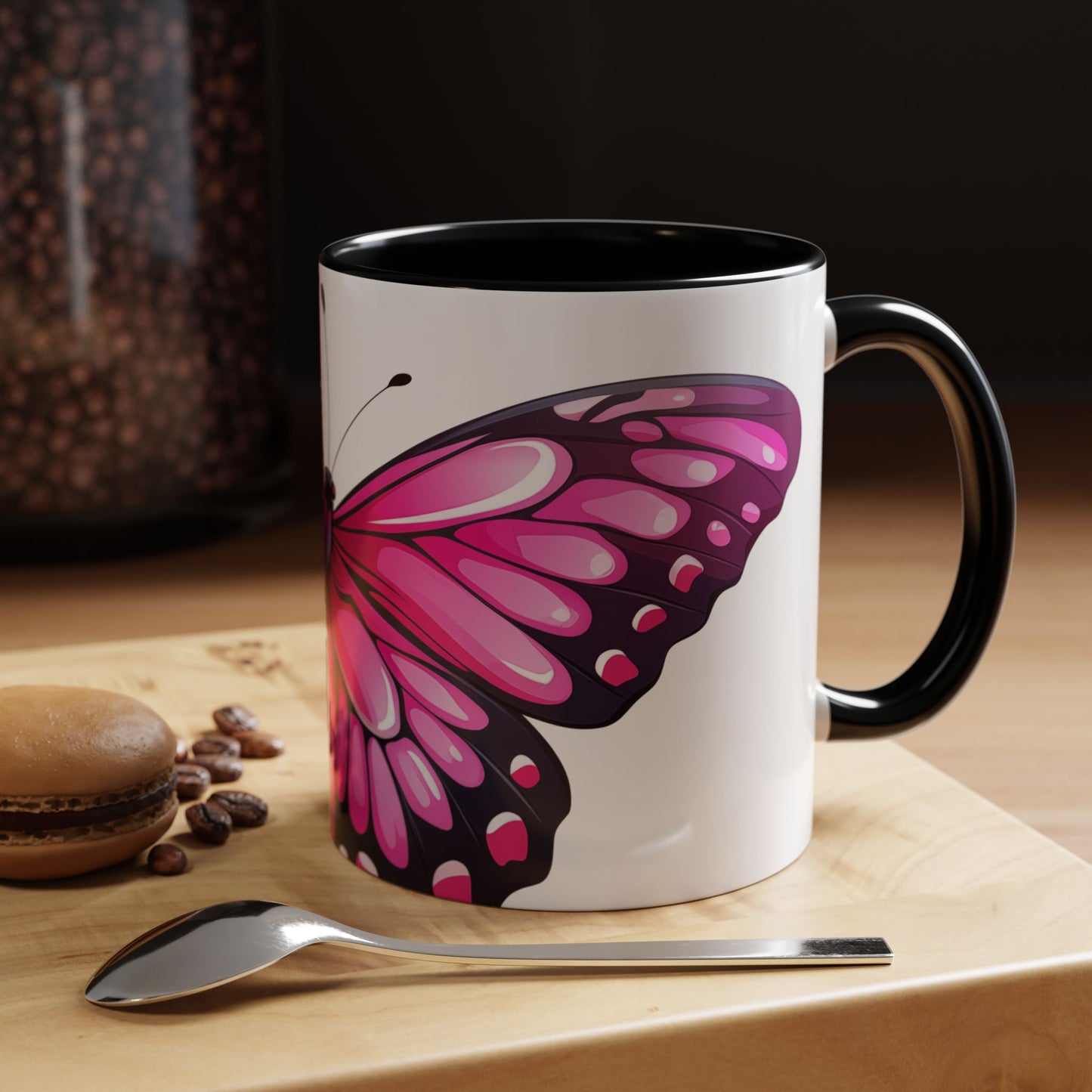 Pink Jewel Butterfly Accent Coffee Mug, 11oz, Emerald Swallowtail re-imagined Beautiful Pink Butterfly Tea Cup or Coffee Mug