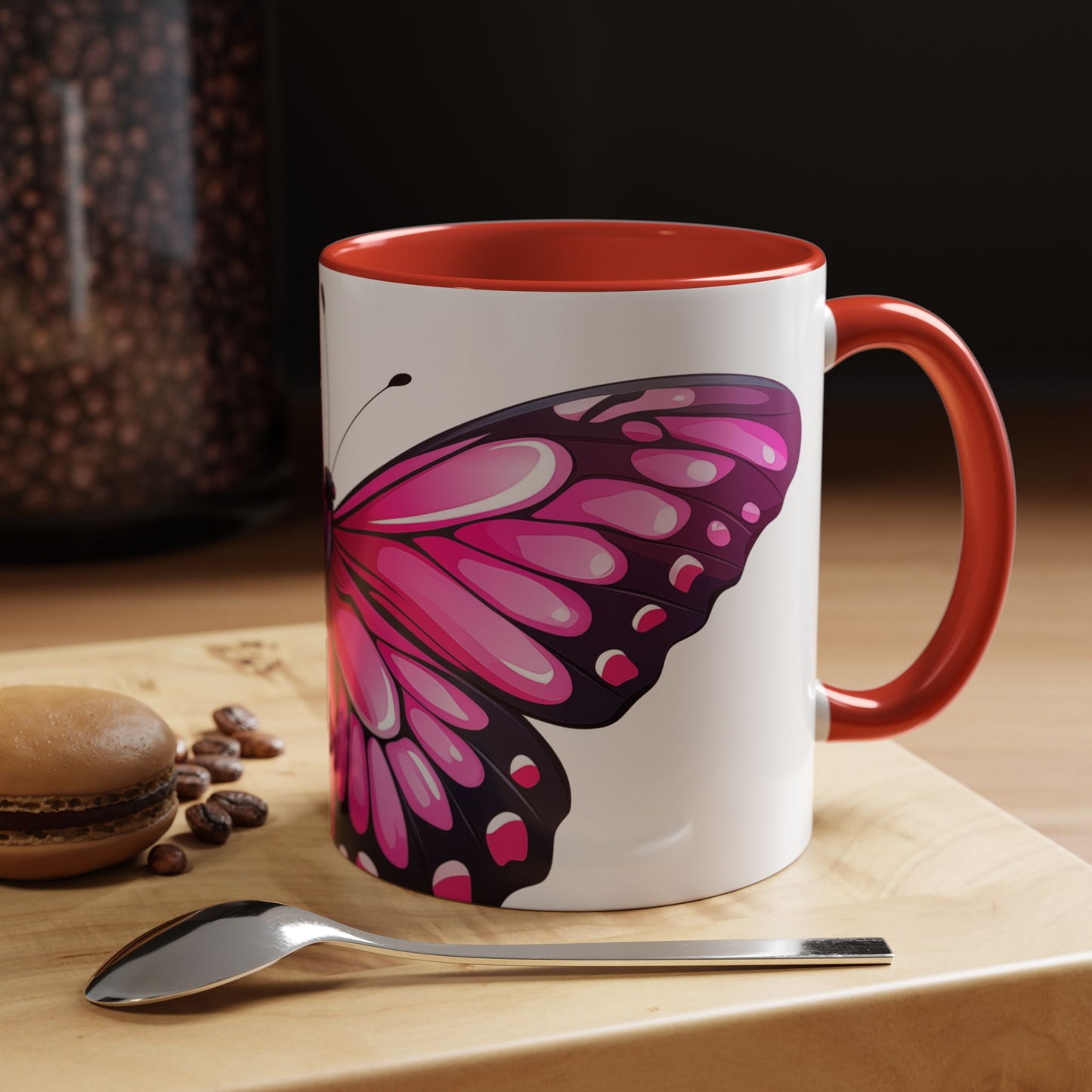 Pink Jewel Butterfly Accent Coffee Mug, 11oz, Emerald Swallowtail re-imagined Beautiful Pink Butterfly Tea Cup or Coffee Mug