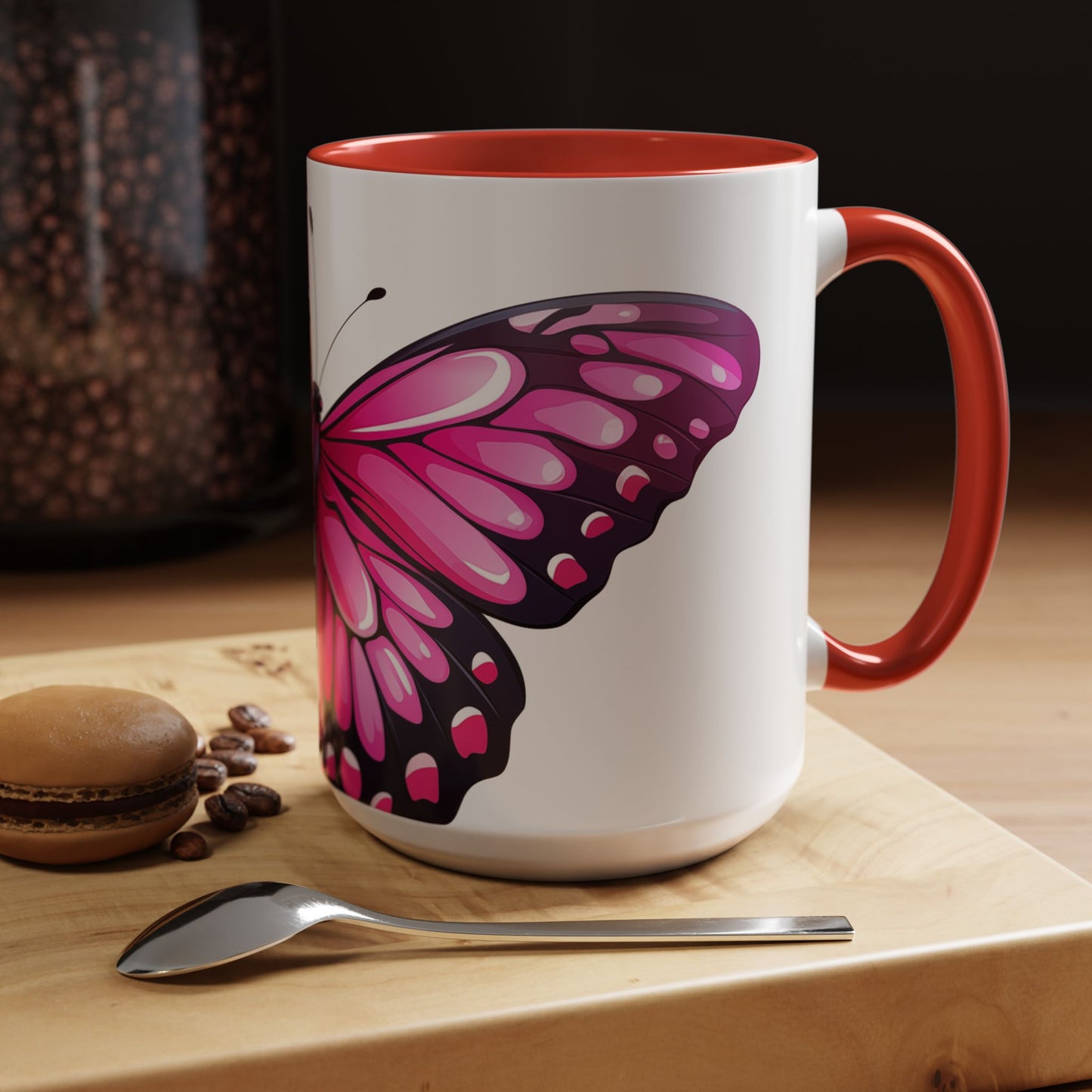 Pink Jewel Butterfly Accent Coffee Mug, 11oz, Emerald Swallowtail re-imagined Beautiful Pink Butterfly Tea Cup or Coffee Mug