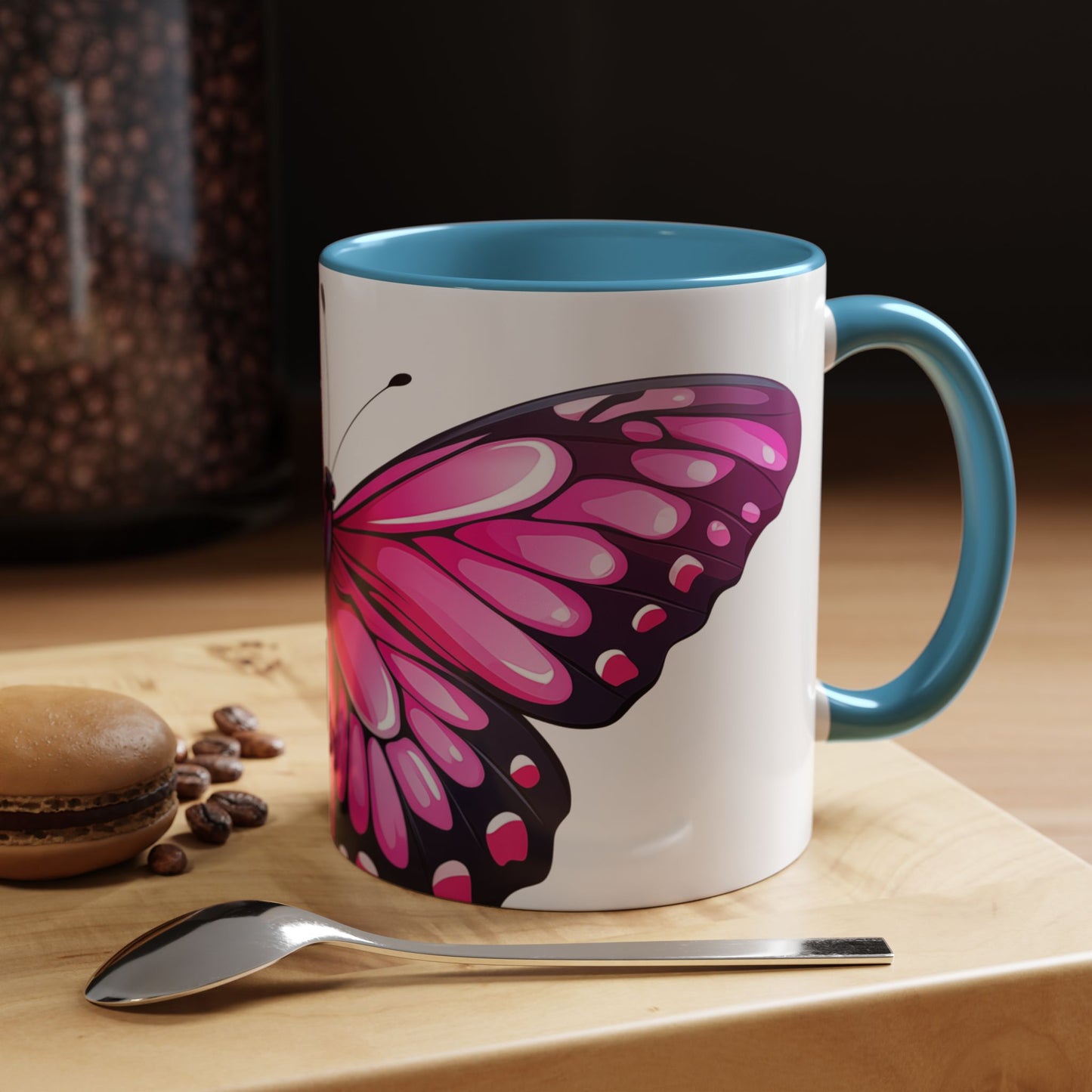 Pink Jewel Butterfly Accent Coffee Mug, 11oz, Emerald Swallowtail re-imagined Beautiful Pink Butterfly Tea Cup or Coffee Mug