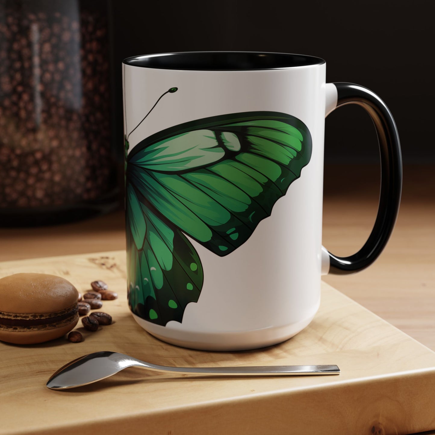 Emerald Green Butterfly Accent Coffee Mug, 11oz, Monarch re-imagined Beautiful Emerald Butterfly Coffee Mug or Tea Cup