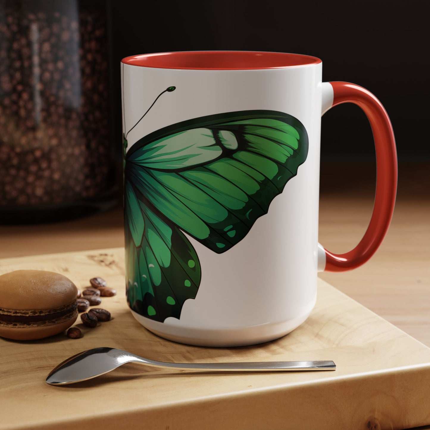 Emerald Green Butterfly Accent Coffee Mug, 11oz, Monarch re-imagined Beautiful Emerald Butterfly Coffee Mug or Tea Cup