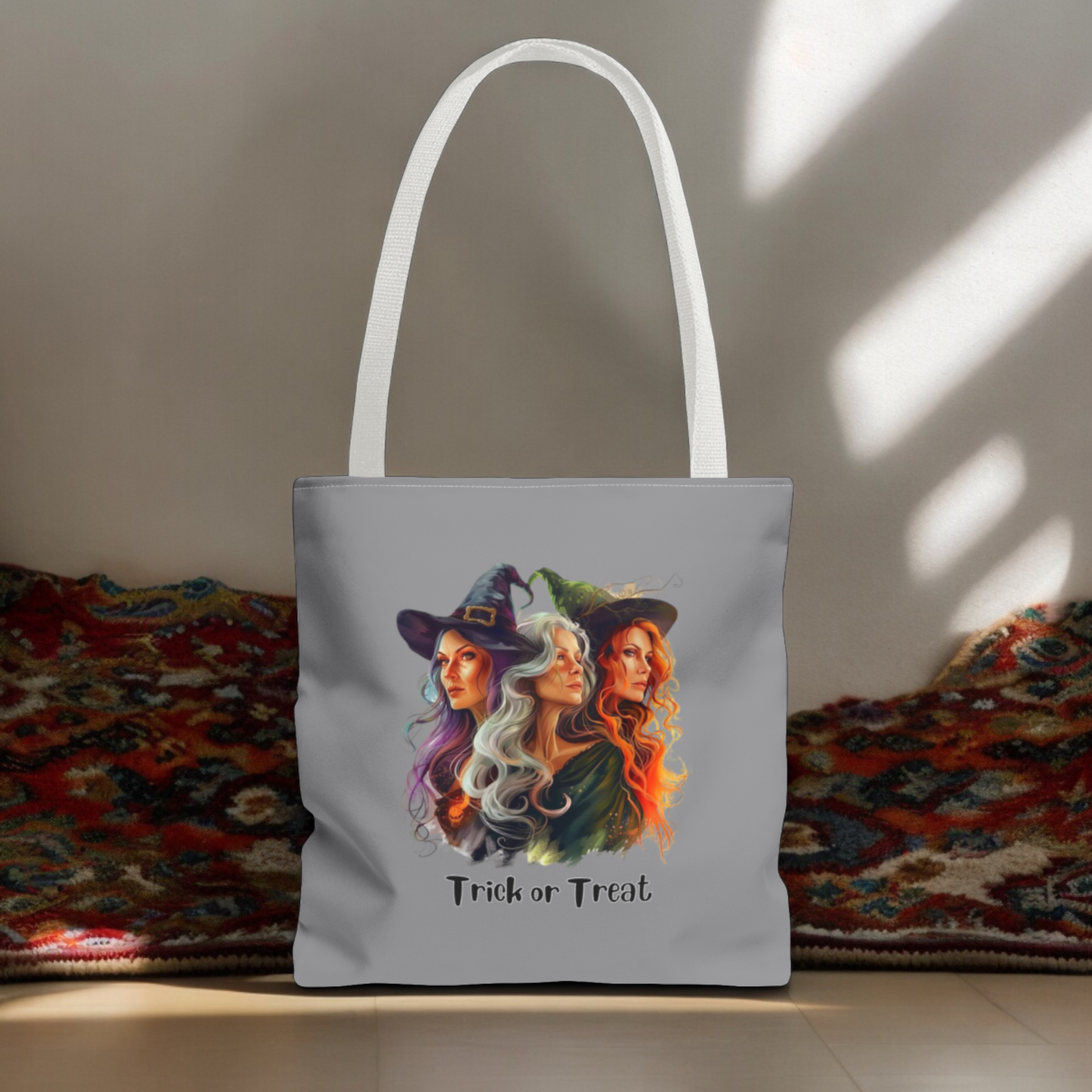 Grey Cute Witches Carrying Tote, Halloween Trick or Treat Bag. Children's or Adult Tote Bag, Halloween Bag, Witches, School Bag, Shopping Bag