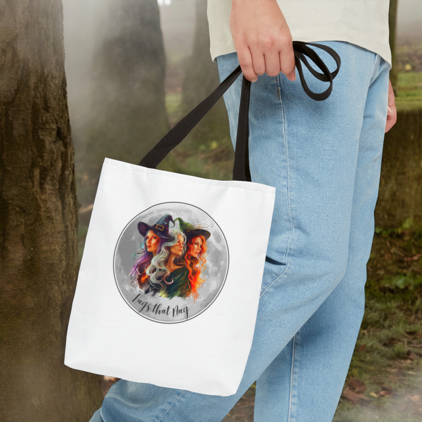 White cute Witches Carrying Tote, Halloween Trick or Treat Bag. Children's or Adult Tote Bag, Halloween Bag, Witches, School Bag, Shopping Bag