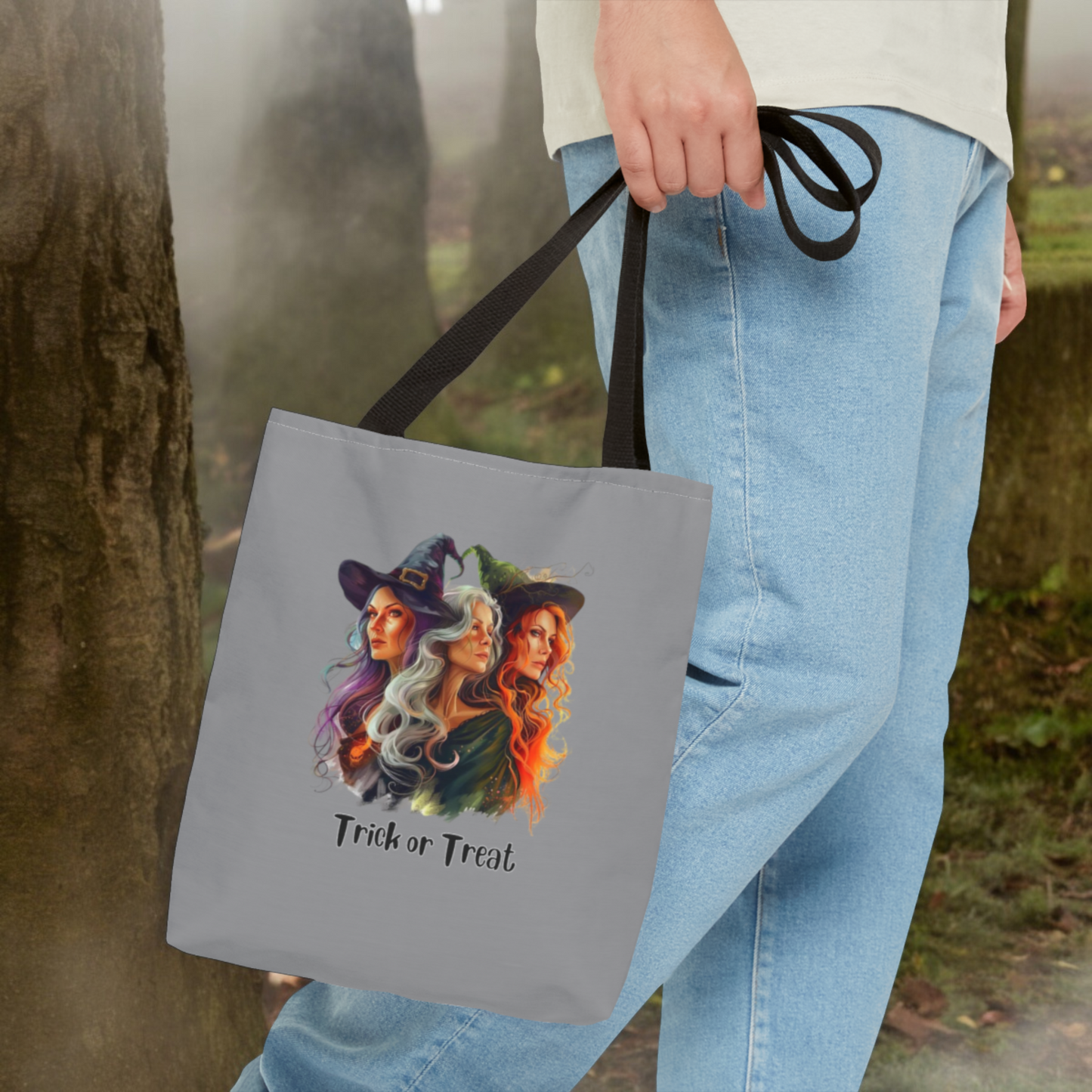 Grey Cute Witches Carrying Tote, Halloween Trick or Treat Bag. Children's or Adult Tote Bag, Halloween Bag, Witches, School Bag, Shopping Bag