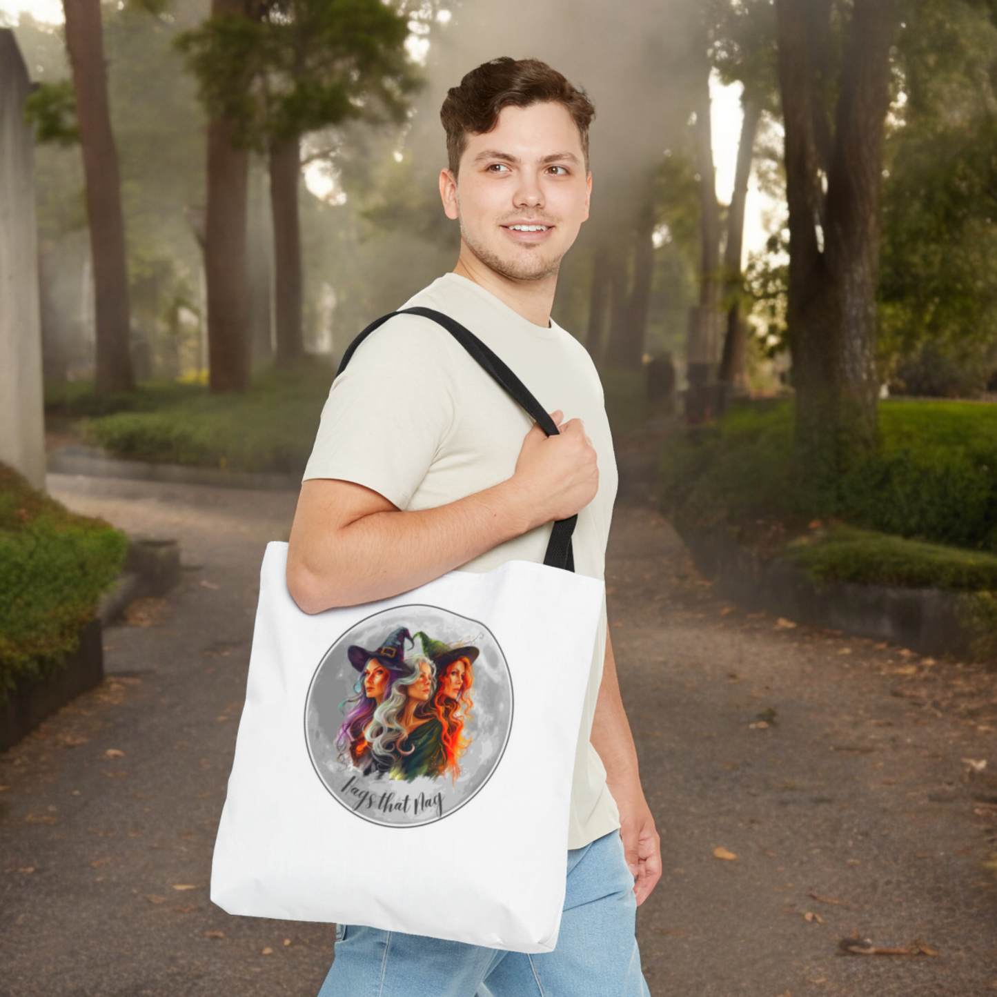 White cute Witches Carrying Tote, Halloween Trick or Treat Bag. Children's or Adult Tote Bag, Halloween Bag, Witches, School Bag, Shopping Bag