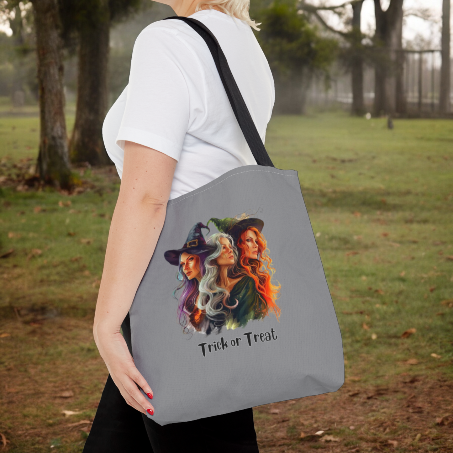 Grey Cute Witches Carrying Tote, Halloween Trick or Treat Bag. Children's or Adult Tote Bag, Halloween Bag, Witches, School Bag, Shopping Bag