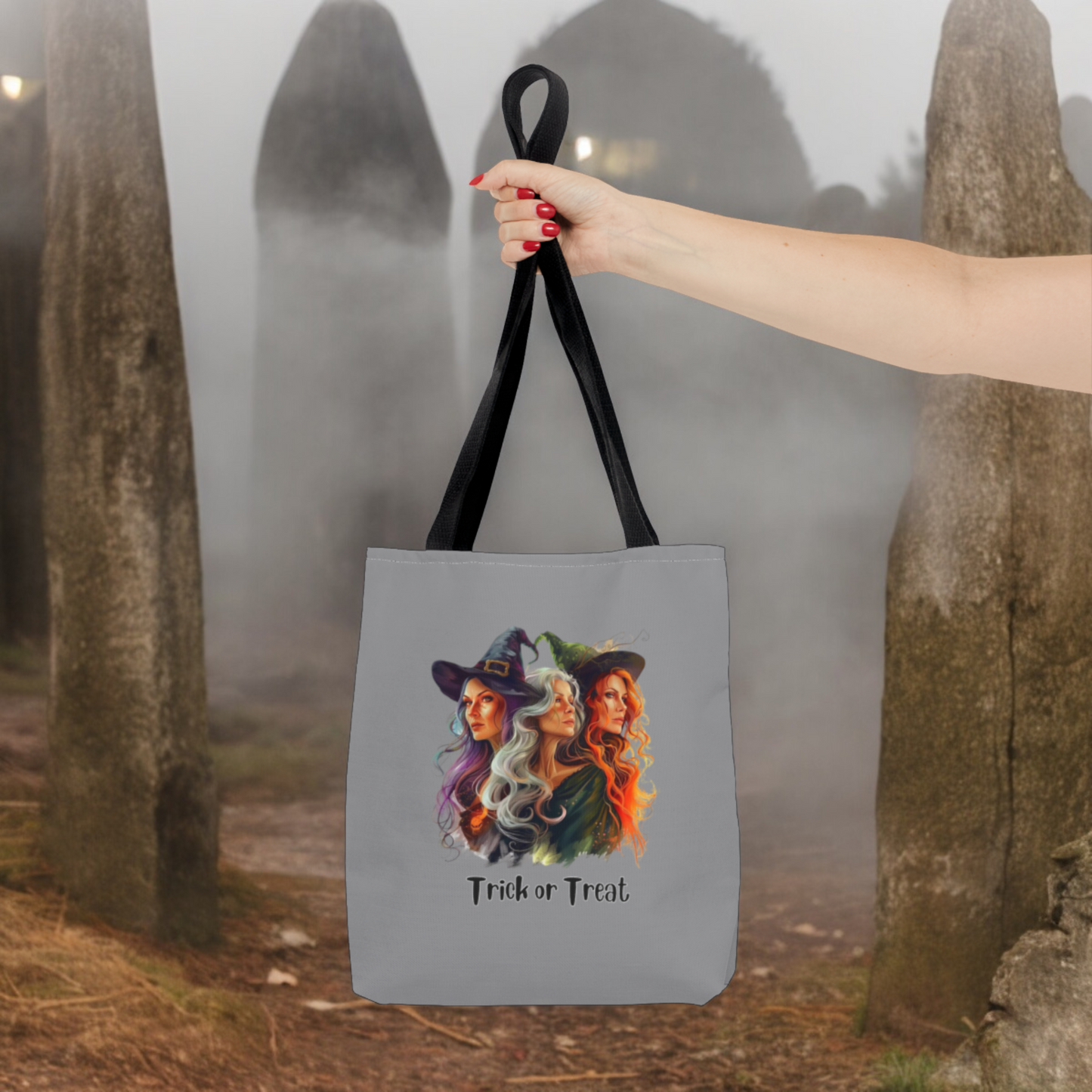 Grey Cute Witches Carrying Tote, Halloween Trick or Treat Bag. Children's or Adult Tote Bag, Halloween Bag, Witches, School Bag, Shopping Bag