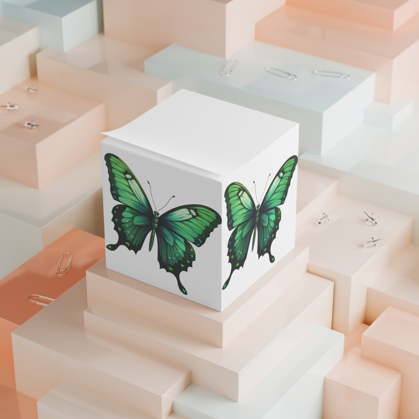 Butterfly Sticky Note Cube Decoration Stationary for Office, Home or School. Desk Decor and Organization Gift for Nature Lovers Emerald Butterfly Notepad