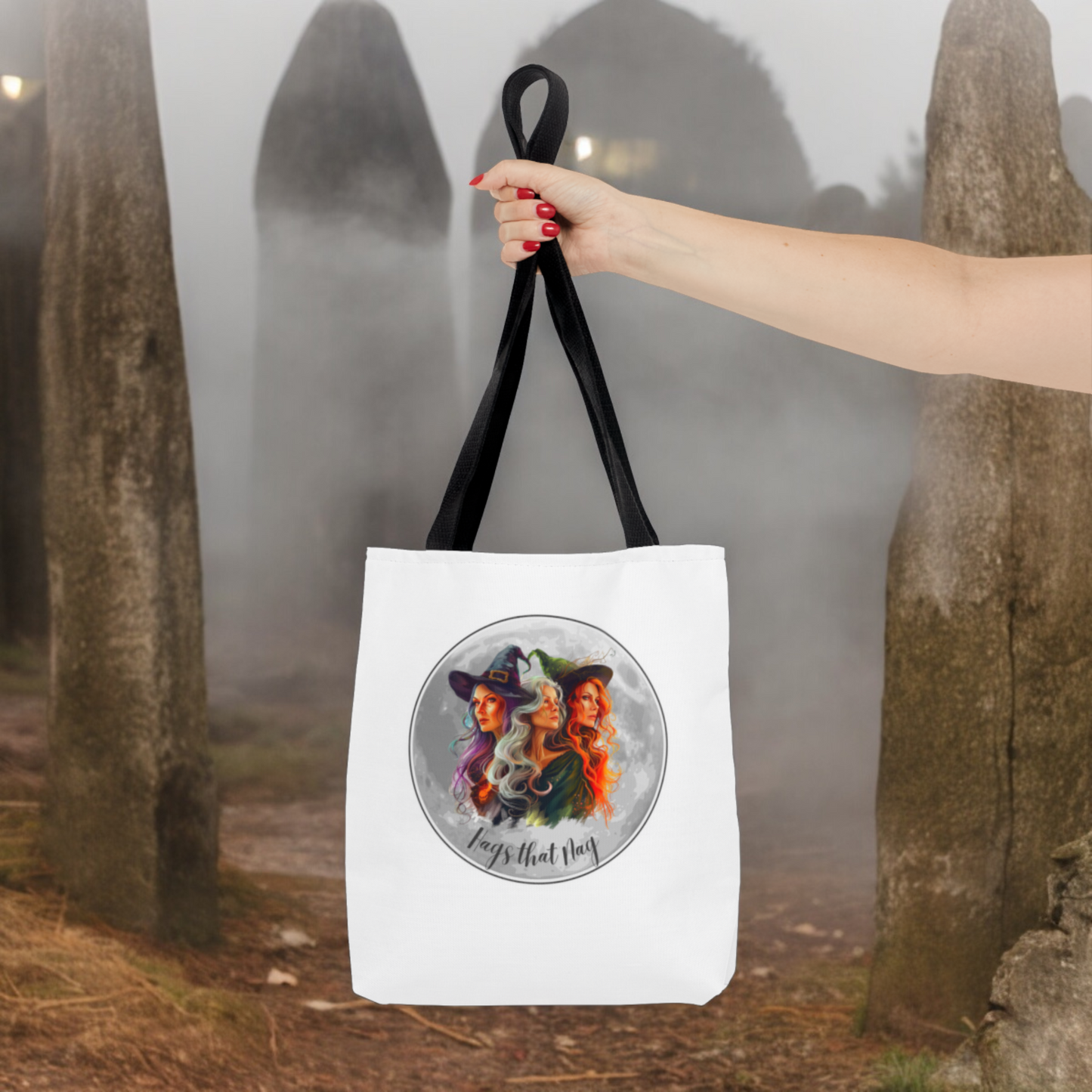 White cute Witches Carrying Tote, Halloween Trick or Treat Bag. Children's or Adult Tote Bag, Halloween Bag, Witches, School Bag, Shopping Bag