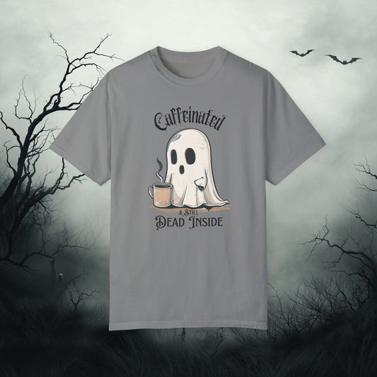 Caffeinated & Still Dead Inside - Cute Vintage Ghost & Coffee T-Shirt - Comfort Colors 1717