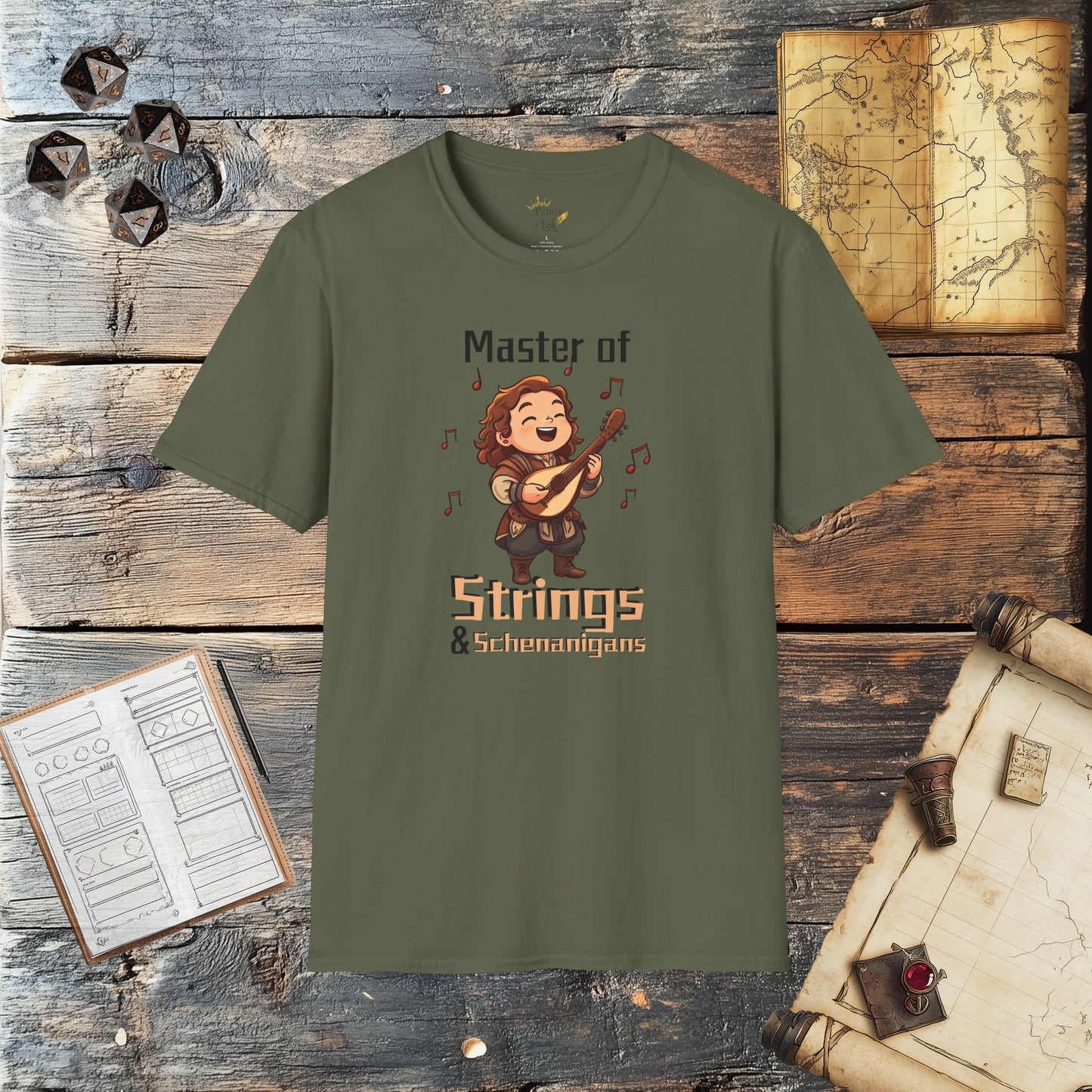 Master of Strings & Schenanigans - Fantasy Group Role Playing Graphic T-Shirt