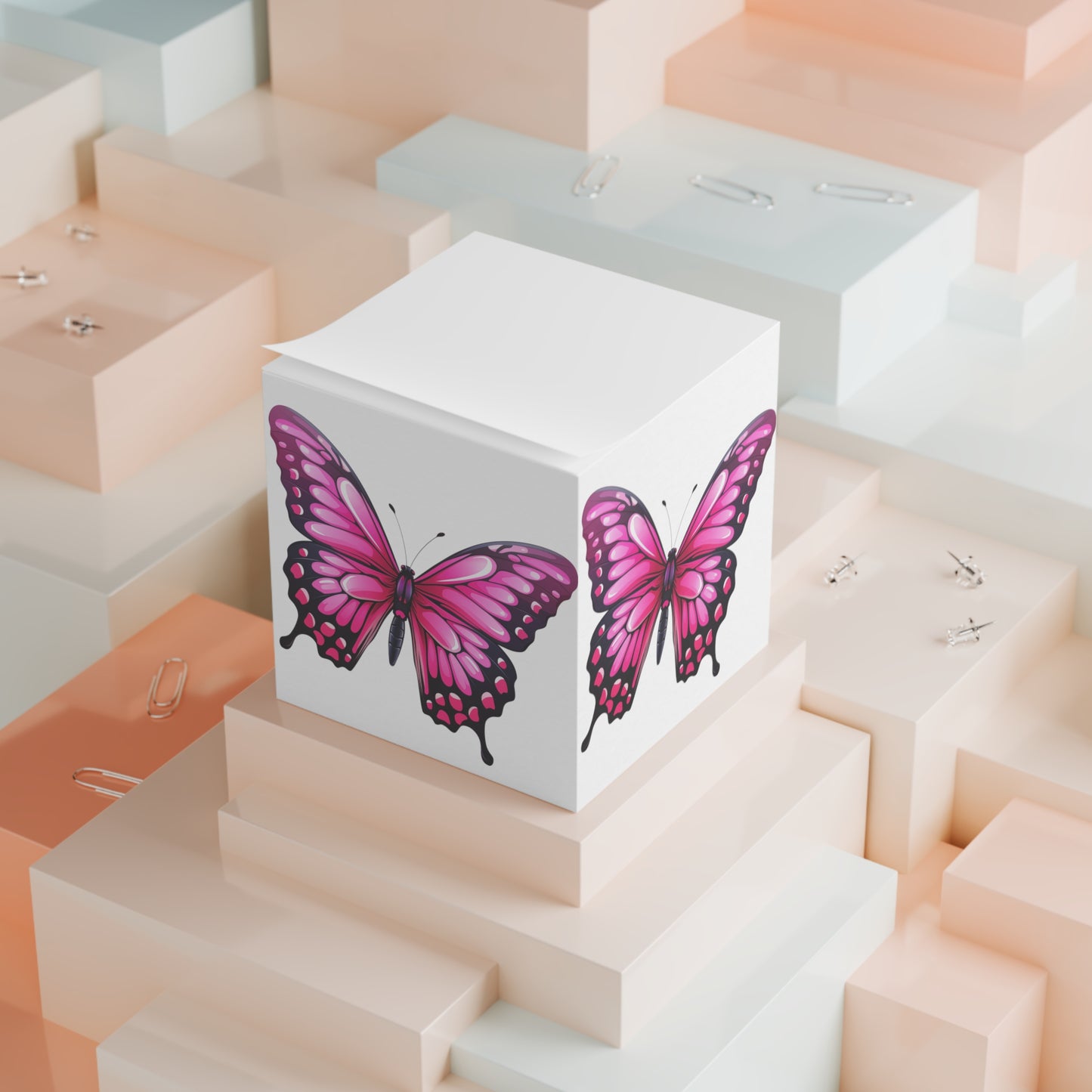 Butterfly Sticky Note Cube Decoration Stationary for Office, Home or School. Desk Decor and Organization Gift for Nature Lovers Pink Butterfly Notepad