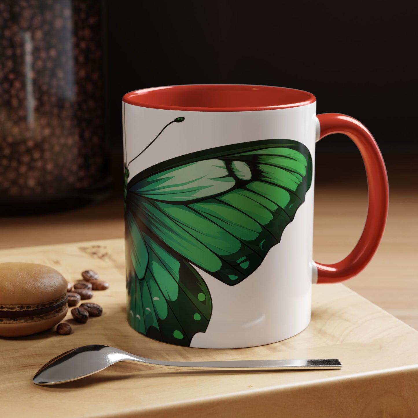 Emerald Green Butterfly Accent Coffee Mug, 11oz, Monarch re-imagined Beautiful Emerald Butterfly Coffee Mug or Tea Cup