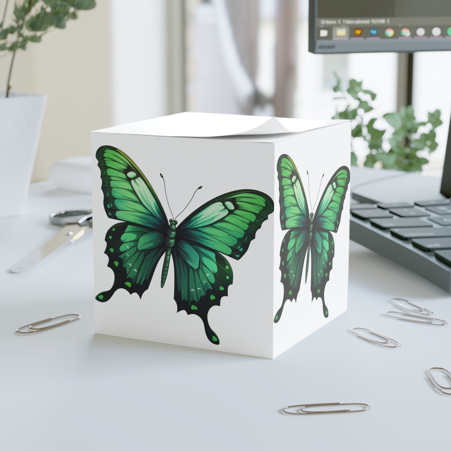 Butterfly Sticky Note Cube Decoration Stationary for Office, Home or School. Desk Decor and Organization Gift for Nature Lovers Emerald Butterfly Notepad