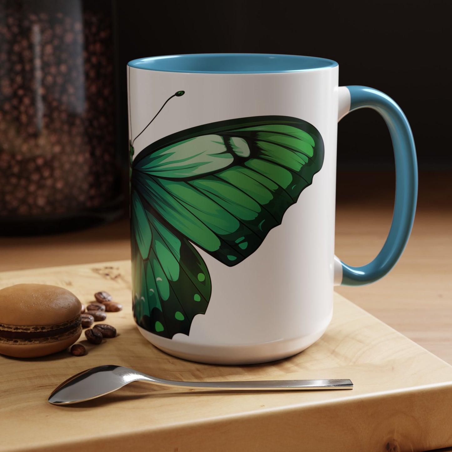 Emerald Green Butterfly Accent Coffee Mug, 11oz, Monarch re-imagined Beautiful Emerald Butterfly Coffee Mug or Tea Cup