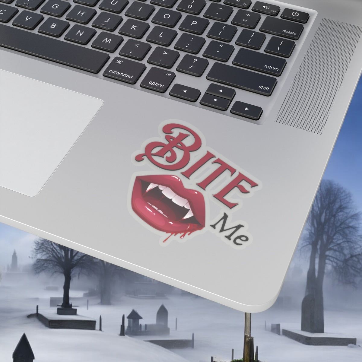 Bite Me Vinyl Sticker with Vampire Fangs - Spooky Halloween Decal - Gothic Vampire Teeth Sticker for Laptops, Water Bottles, and More