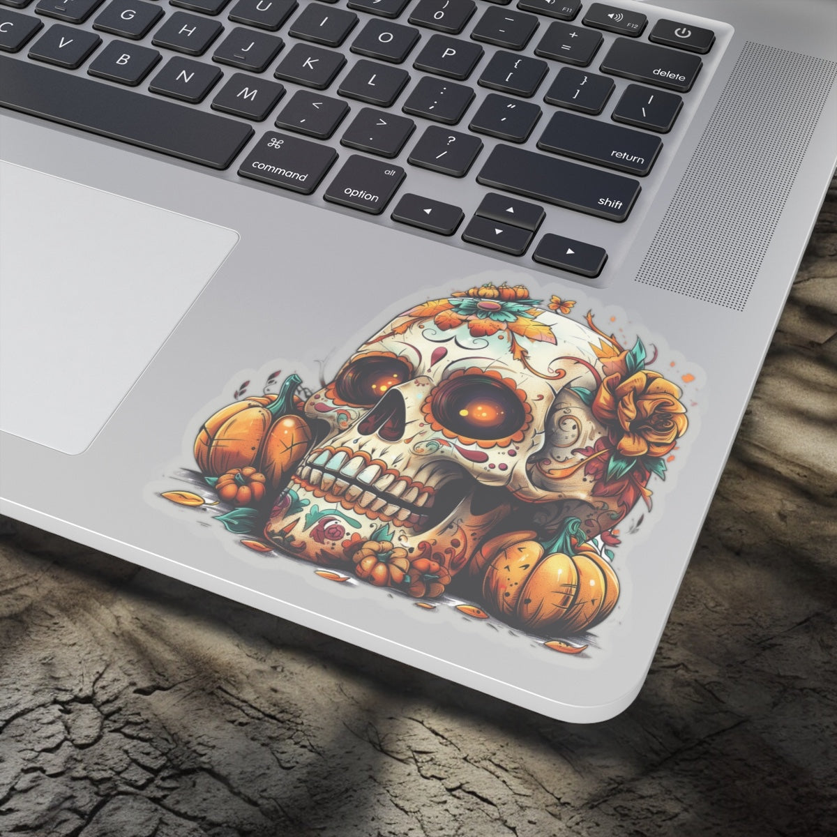 Sugar Skull Vinyl Sticker with Ghost - Spooky Halloween Vinyl Decal - Beautiful Sugar Skull Sticker for Laptops, Water Bottles, and More