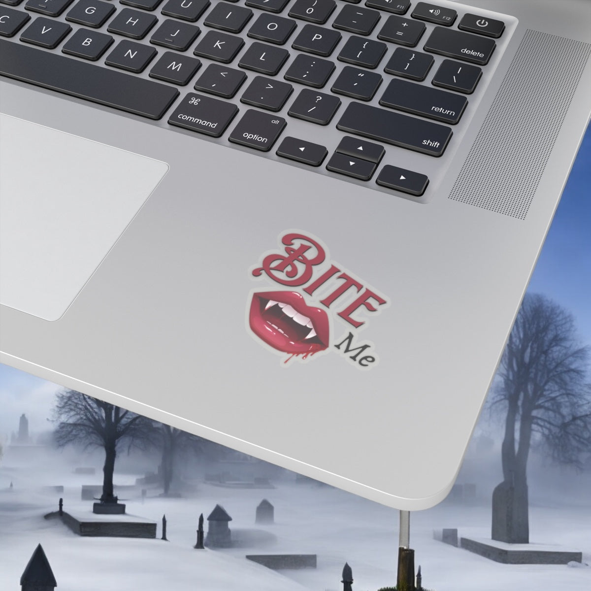 Bite Me Vinyl Sticker with Vampire Fangs - Spooky Halloween Decal - Gothic Vampire Teeth Sticker for Laptops, Water Bottles, and More