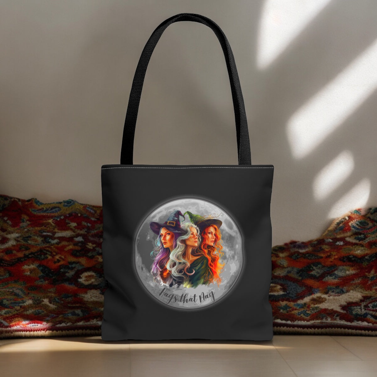 Black Cute Witches Carrying Tote, Halloween Trick or Treat Bag. Children's or Adult Tote Bag, Halloween Bag, Witches, School Bag, Shopping Bag