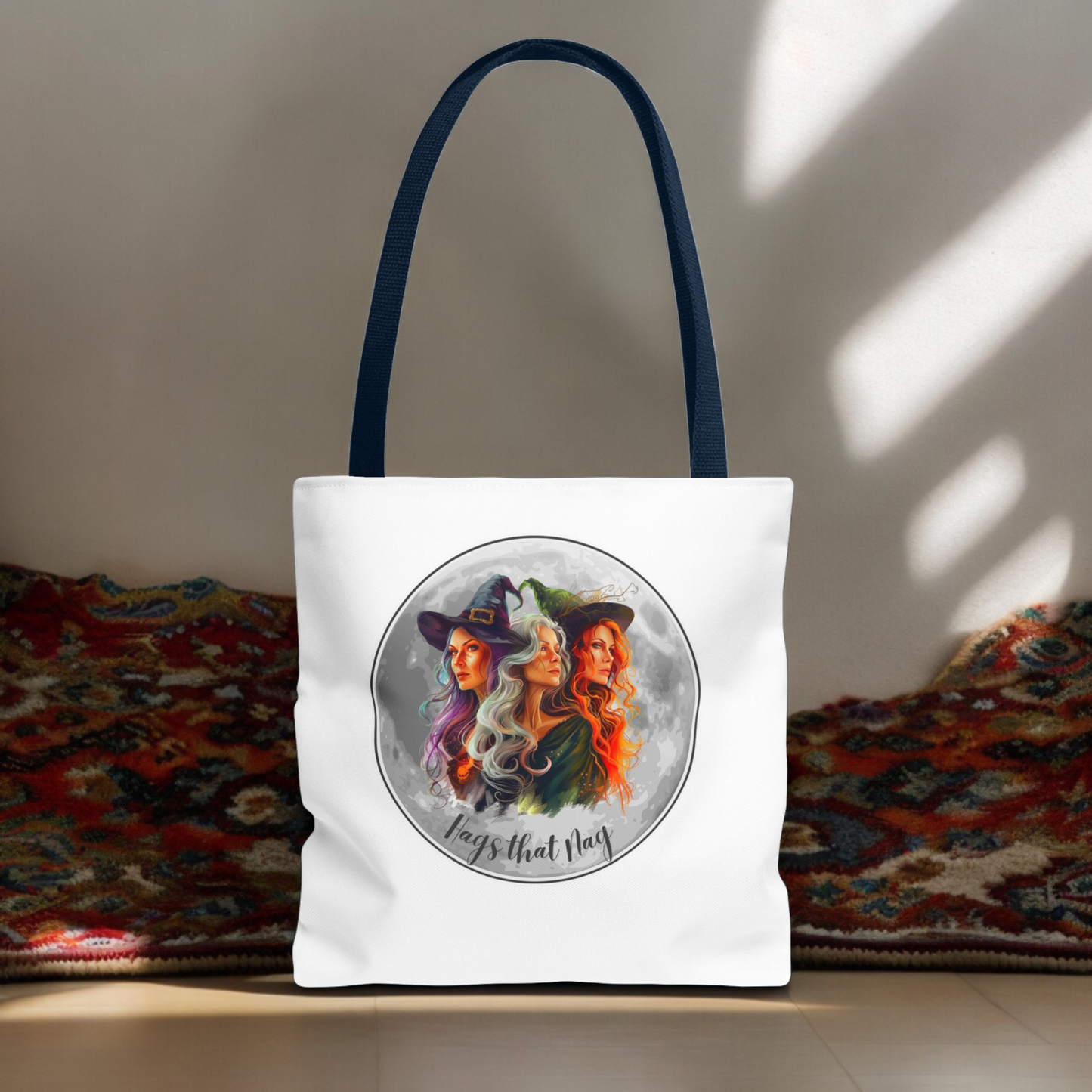 White cute Witches Carrying Tote, Halloween Trick or Treat Bag. Children's or Adult Tote Bag, Halloween Bag, Witches, School Bag, Shopping Bag