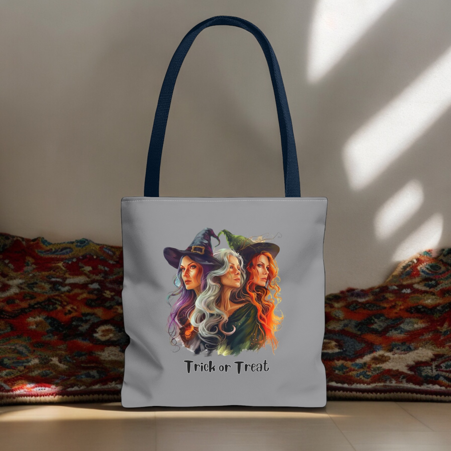 Grey Cute Witches Carrying Tote, Halloween Trick or Treat Bag. Children's or Adult Tote Bag, Halloween Bag, Witches, School Bag, Shopping Bag