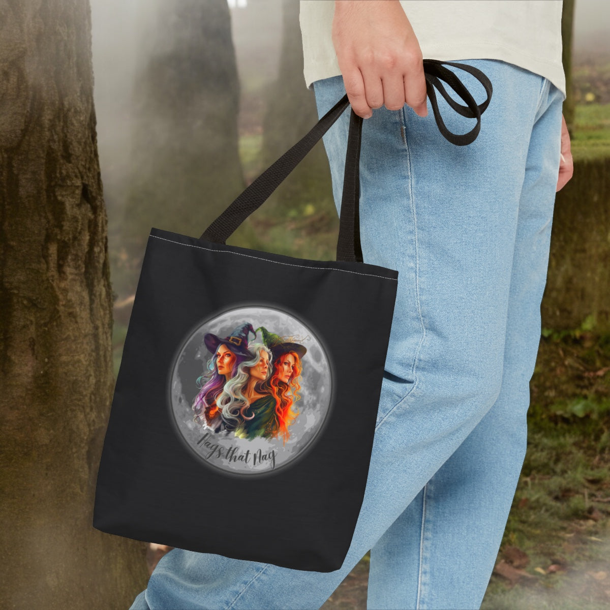 Black Cute Witches Carrying Tote, Halloween Trick or Treat Bag. Children's or Adult Tote Bag, Halloween Bag, Witches, School Bag, Shopping Bag