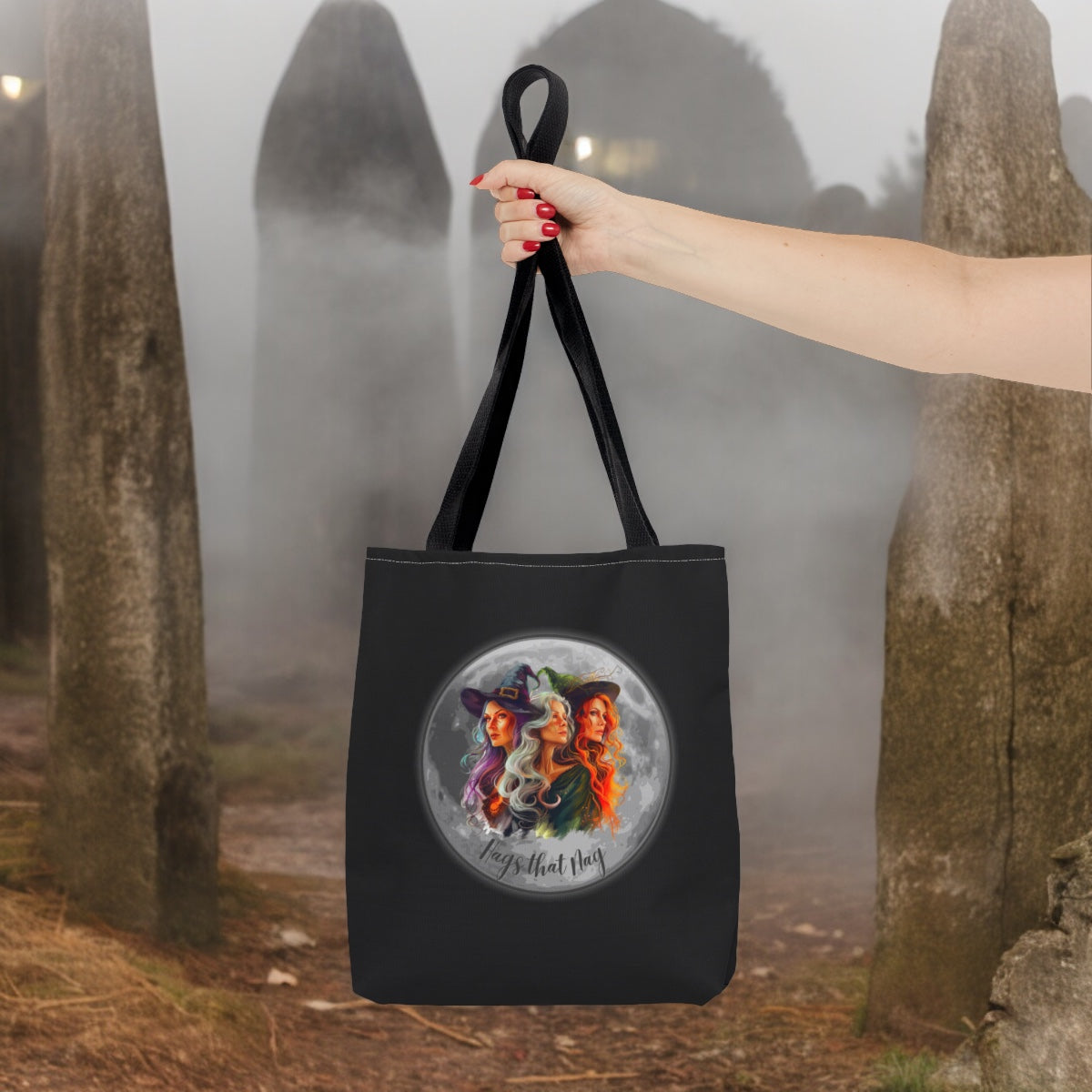 Black Cute Witches Carrying Tote, Halloween Trick or Treat Bag. Children's or Adult Tote Bag, Halloween Bag, Witches, School Bag, Shopping Bag